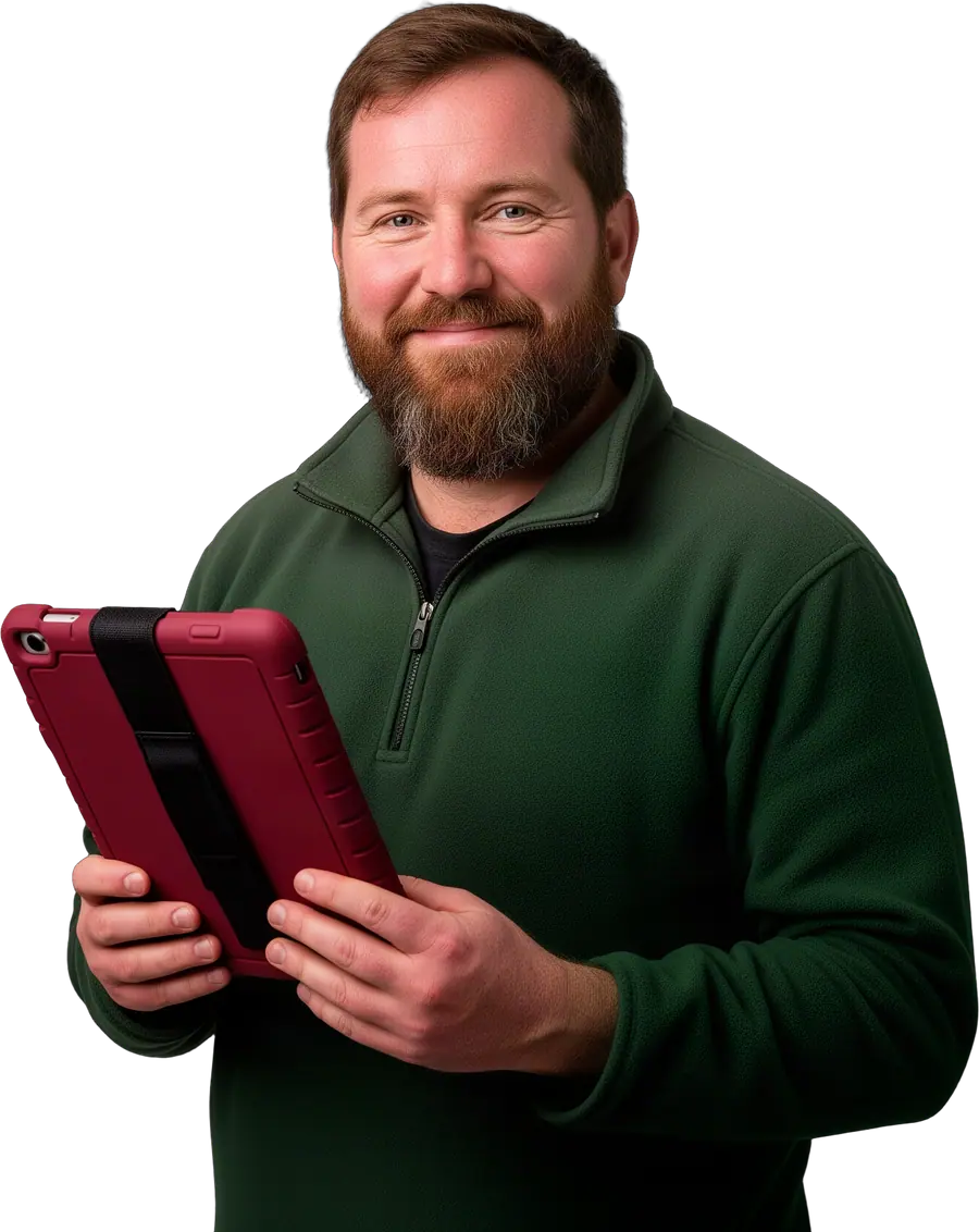 Smiling bearded man in a green quarter-zip fleece holding a cranberry rugged tablet with both hands